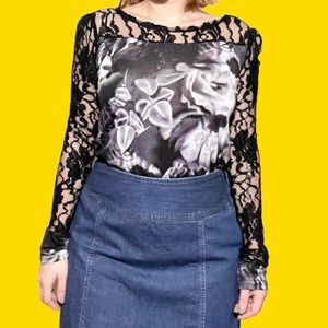 Y2K/ Early 2000's Lace and Satiny Long Sleeve Blouse